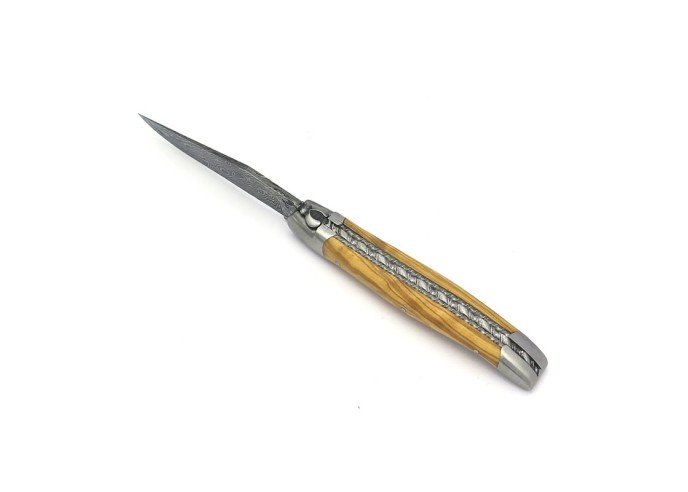 laguiole 12cm damast klinge biene und feder mit meissel handziseliert griff aus Olivenholz
