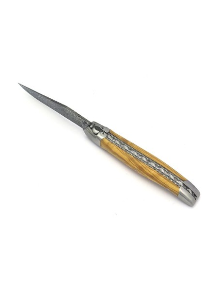 laguiole 12cm damast klinge biene und feder mit meissel handziseliert griff aus Olivenholz