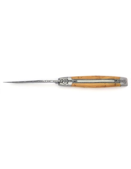Laguiole pliant, 12 cm, lame Damas sauvage, abeille et ressort ciselés burin, manche en genévrier
