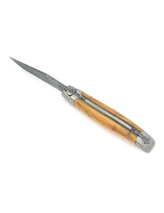 Laguiole pliant, 12 cm, lame Damas sauvage, abeille et ressort ciselés burin, manche en genévrier