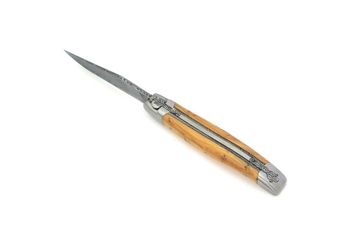 laguiole pocket knife 12 cm bee and spring chiseled with file damascus steel blade pale horn tip handle