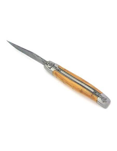 Laguiole pliant, 12 cm, lame Damas sauvage, abeille et ressort ciselés burin, manche en genévrier