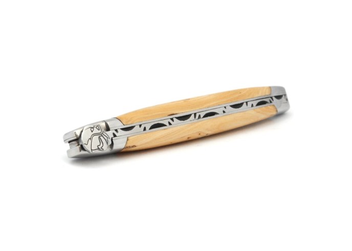 Laguiole pliant, 12 cm, abeille forgée casque de pompier, lame seule, manche genévrier