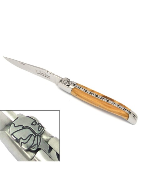 Laguiole knife, 12 cm, firefighter's helmet, olive wood handle