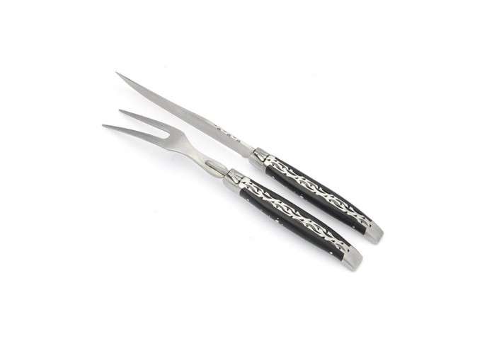 Laguiole carving set double plates, knife and fork with mat stainless bolsters. Wide ebony wood handle