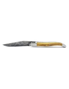 laguiole 12cm damast klinge biene und feder mit meissel handziseliert griff aus Olivenholz 2