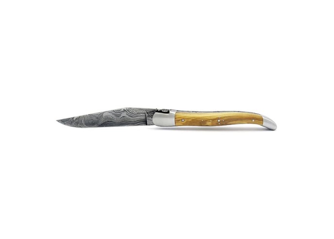 Laguiole pliant, 12 cm, lame Damas sauvage, abeille et ressort ciselés au burin, platines ciselées lime, manche en olivier