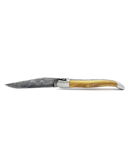 laguiole 12cm damast klinge biene und feder mit meissel handziseliert griff aus Olivenholz