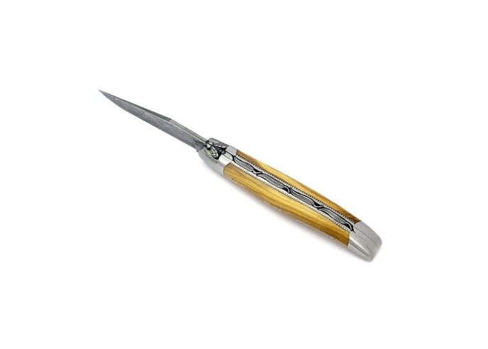 laguiole 12cm damast klinge biene und feder mit meissel handziseliert griff aus Olivenholz