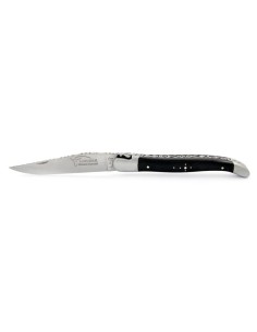 Laguiole 12cm, Doppelplatinen, oben und unten am Schleifstein ziseliert , Heftbacken aus mattem Edelstahl, Ebenholz 2