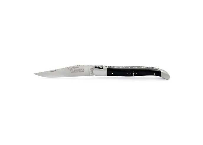Laguiole pocket knife, 12 cm, forged bee, top and bottom chiseling, ebony wood handle with matt bolsters