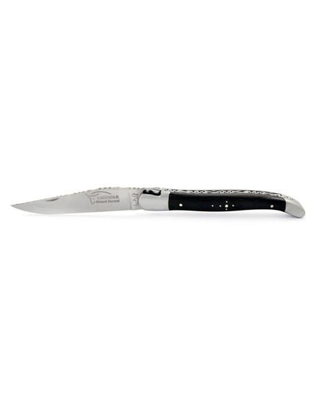 Laguiole pliant, 12 cm, abeille forgée, lame seule, ciselé dessus dessous, mitres inox mat, manche en ébène