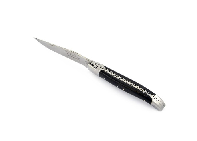 Laguiole pliant, 12 cm, abeille forgée, lame seule, ciselé dessus dessous, mitres inox mat, manche en ébène