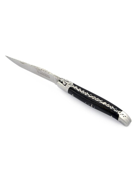 Laguiole pocket knife, 12 cm, forged bee, top and bottom chiseling, ebony wood handle with matt bolsters