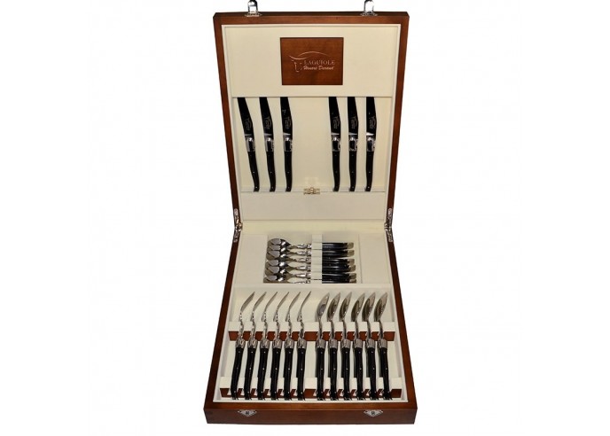 Laguiole 24 pieces cutlery set, black corian handles with shiny stainless steel bolsters, dishwasher safe, solid wood case