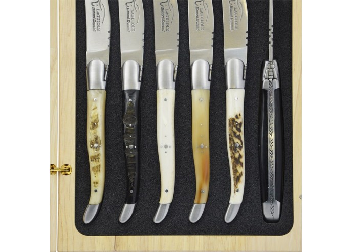 Laguiole Steakmesser, Heftbacken aus mattem Edelstahl, breiterer Griff aus verschiedene Hornarten