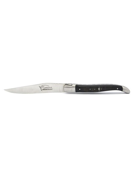 Laguiole steak knives with shiny stainless steel bolsters. Wide various horn handles