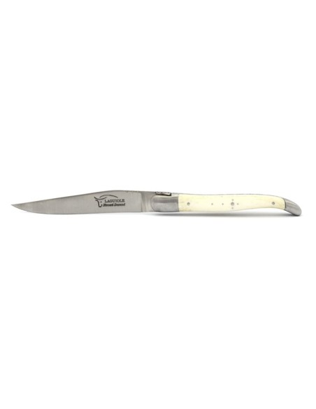 Laguiole steak knives with shiny stainless steel bolsters. Wide various horn handles
