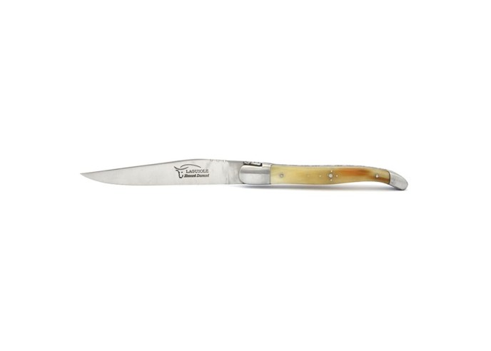 Laguiole Steakmesser, Heftbacken aus mattem Edelstahl, breiterer Griff aus verschiedene Hornarten