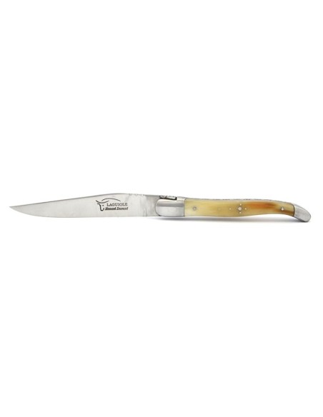 Laguiole Steakmesser, Heftbacken aus mattem Edelstahl, breiterer Griff aus verschiedene Hornarten