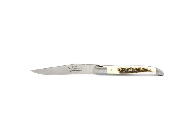 Laguiole steak knives with shiny stainless steel bolsters. Wide various horn handles