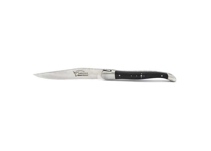 Laguiole steak knives with shiny stainless steel bolsters. Wide various horn handles