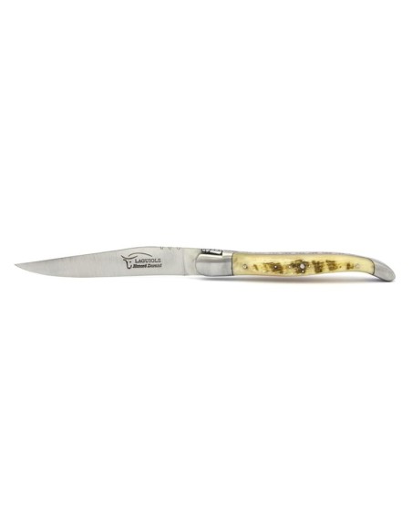 Laguiole steak knives with shiny stainless steel bolsters. Wide various horn handles