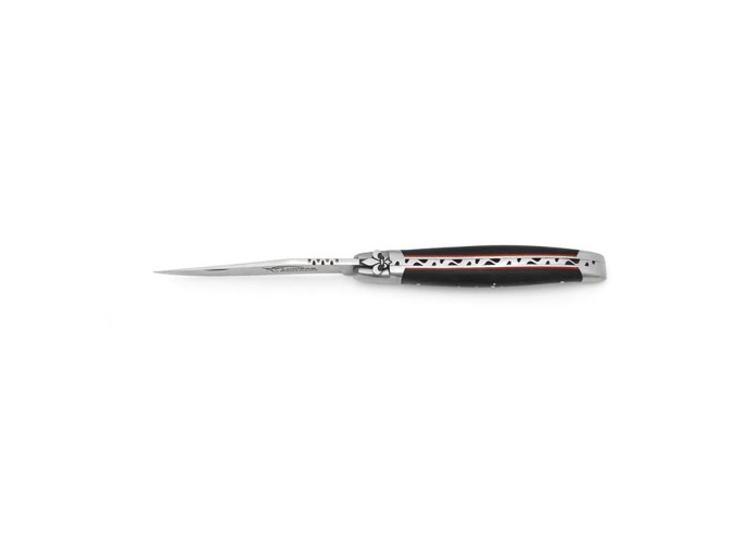 Laguiole 12 cm, fleur de lys, manche en ébène et intercalaire rouge