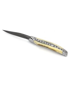 Laguiole 12cm, Damast Klinge, Heftbacken aus glänzendem Edelstahl,  Hirschgeweih