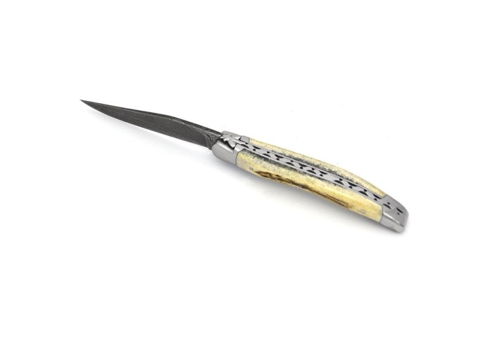 Laguiole pocket knife, 12 cm, forged bee, Damascus steel blade, deer antler handle with shiny bolsters