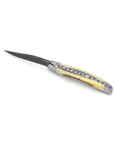 Laguiole 12cm, Damast Klinge, Heftbacken aus glänzendem Edelstahl,  Hirschgeweih