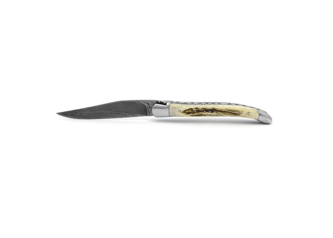 Laguiole pliant, 11 cm, acier Damas, abeille forgée, mitres inox brillant, manche bois de cerf