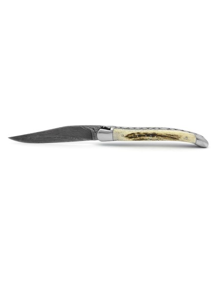 Laguiole 12cm, Damast Klinge, Heftbacken aus glänzendem Edelstahl,  Hirschgeweih