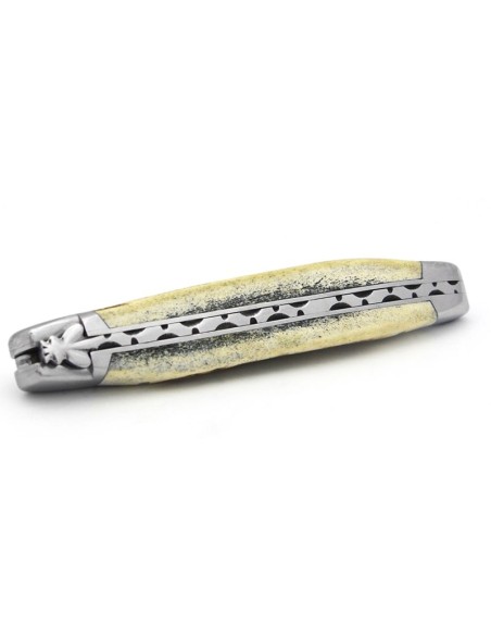 Laguiole 12cm, Damast Klinge, Heftbacken aus glänzendem Edelstahl,  Hirschgeweih