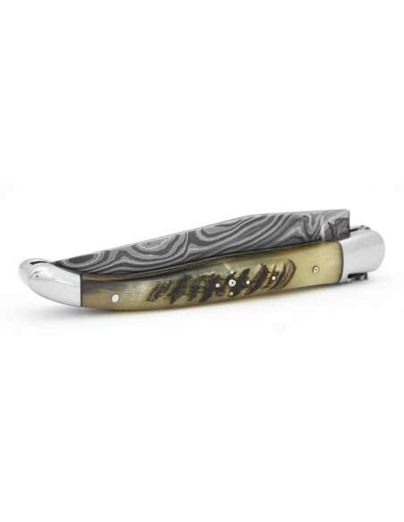 Laguiole pocket knife, 11 cm, forged bee, Damascus steel blade,  ram's horn handle with shiny bolsters