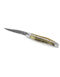 Laguiole 11cm, Damast Klinge, Heftbacken aus glänzendem Edelstahl,   Griff aus Widderhorn (mit Kruste)