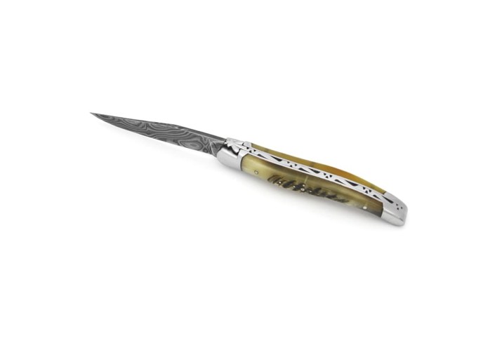 Laguiole pocket knife, 11 cm, forged bee, Damascus steel blade,  ram's horn handle with shiny bolsters
