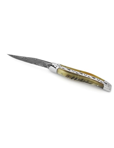 Laguiole pliant, 11 cm, acier Damas, abeille forgée, mitres inox brillant, manche en corne de bélier (avec croûte)