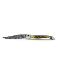 Laguiole 11cm, Damast Klinge, Heftbacken aus glänzendem Edelstahl,   Griff aus Widderhorn (mit Kruste) 2