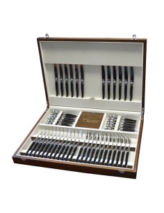 Ménagère Laguiole,  48 pièces avec manche corian noir et mitres inox brillant, lavables en machine, mallette bois massif