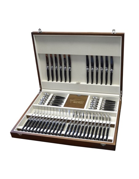 Ménagère Laguiole,  48 pièces avec manche corian noir et mitres inox brillant, lavables en machine, mallette bois massif