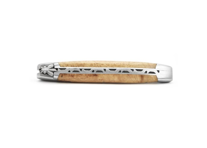Laguiole pliant, 11 cm, abeille forgée, lame seule, mitres inox mat, manche en bruyère