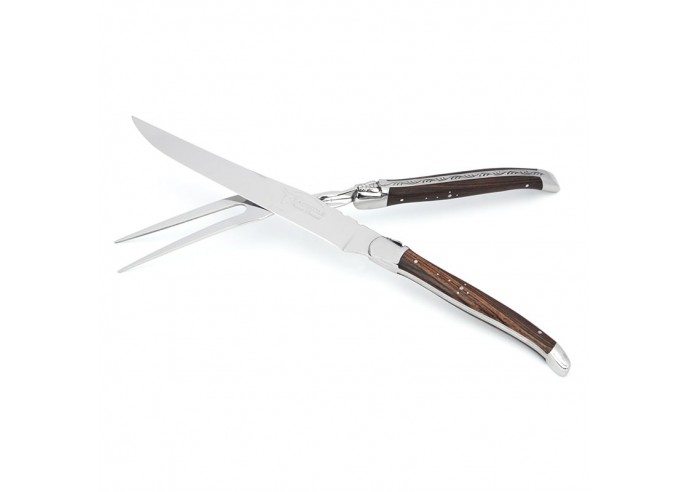 Laguiole Tranchierbesteck, Messer und Gabel, Heftbacken aus glanzendem Edelstahl, fein Griff aus Griff aus Veilchenholz
