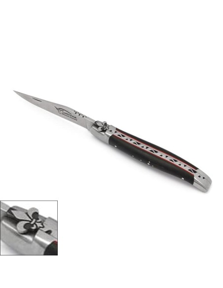 Laguiole 12 cm, fleur de lys, manche en ébène et intercalaire rouge