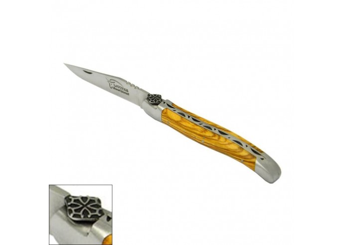 Laguiole pocket knife, 12 cm, Occitan cross, olive wood handle with matt bolsters