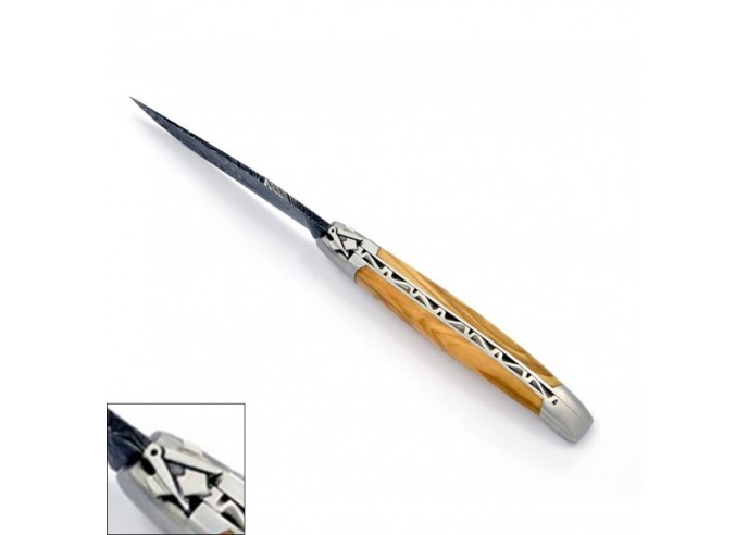 Laguiole pocket knife, 12 cm, Damascus steel blade, freemason bee, olivewood handle with matt bolsters