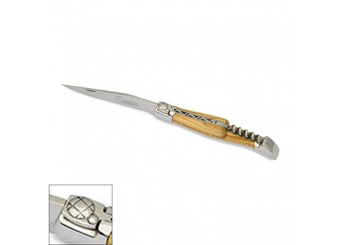 Laguiole pocket knife, 12 cm with blade and corkscrew, petanque, olivewood handle with  shiny stainless steel  bolsters