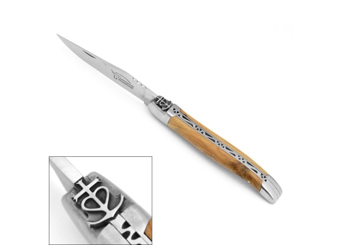 Laguiole knife, 12 cm, Carmarguean cross, olive wood handle