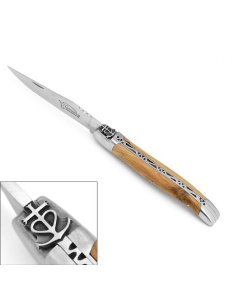 Laguiole knife, 12 cm, Carmarguean cross, olive wood handle