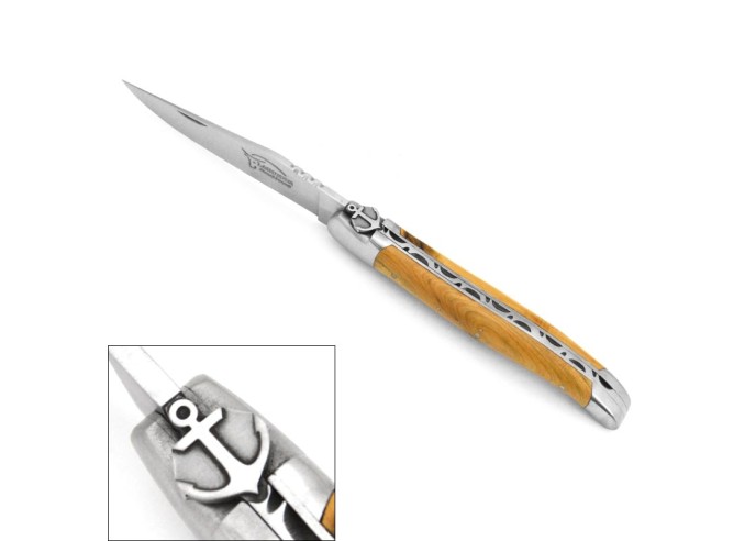 Laguiole knife, 12 cm, anchor motif, olive wood handle